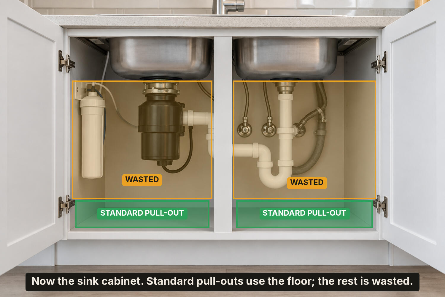 Under sink Empty sink cabinet, its space blocked by plumbing, disposal and filter